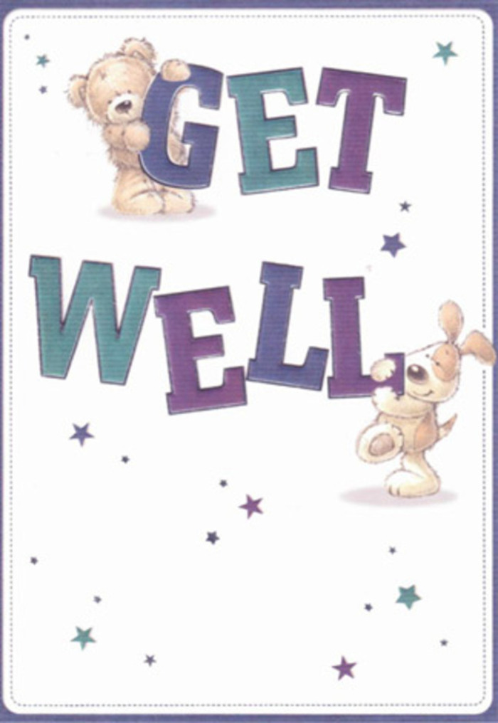 This illustrated get well card captures a scene of gentle solace, with a chubby-cheeked bear and a spirited puppy surrounded by pirouetting stars, the whole design set against a luminous, soft white backdrop reminiscent of Welling's community spaces on a bright day. The big, joyful typography shaded in lively hues of purple and teal grounds the artwork, the bold strokes echoing the confident vibrancy of a skillfully arranged bouquet from a Bellegrove Road florist. Each character feels tactile-the bear's coat plush and inviting, the puppy's velvety ears suggesting a comforting touch-inviting memories of heartfelt gifts exchanged among neighbours. Scattered stars glimmer with hope, mirroring the optimism that gently weaves through Welling during times of healing and support. The card's atmosphere, light and invigorating, creates an almost tangible sense of encouragement, as if hand-delivering good wishes alongside a fragrant bouquet. The designer's attention to detail parallels the thoughtful care put into Flower Delivery Welling's arrangements, where every element is artfully chosen to elevate a loved one's recovery. This is a card that emanates kindness and reassurance, perfect to lift the spirit-young or old-across Welling.
