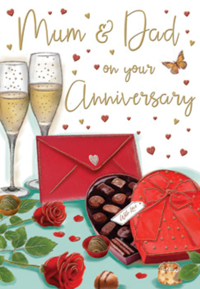 Detailed anniversary card artwork capturing a scene of romantic celebration that could easily sit on a sideboard in a Welling semi after a family gathering. The illustration is dominated by rich reds and shimmering golds, creating a warm, celebratory glow. In the lower half of the card, two deep red roses are placed gently on a surface, their petals rendered with soft shading so they appear plush and almost fragrant, as if freshly chosen from a florist's display near Welling station. The roses are accompanied by simple, dark green leaves that frame the blooms without distracting from their intensity. Next to them rests a heart-shaped box of chocolates, its lid angled open to reveal neatly arranged truffles, some decorated with light swirls and dots. The box itself is a striking scarlet, wrapped with a wide, silky ribbon tied in a generous bow that drapes gracefully across the front like a final loving touch. Behind this indulgent centrepiece stand two tall, slim champagne flutes, lightly touching at the rim, each filled with pale golden fizz; fine bubbles drift upwards, catching imagined reflections as though from candlelight. Scattered around the scene are small red and gold hearts, softly floating across a pale, neutral background, giving an airy, celebratory feel and guiding the viewer to a hand-written dedication for Mum and Dad. A single red envelope sits slightly askew, the suggestion of a treasured card or letter tucked inside. The composition feels tender and familiar, echoing the kind of heartfelt anniversary moments Welling couples share, often complemented by flowers and thoughtful gifts delivered locally.